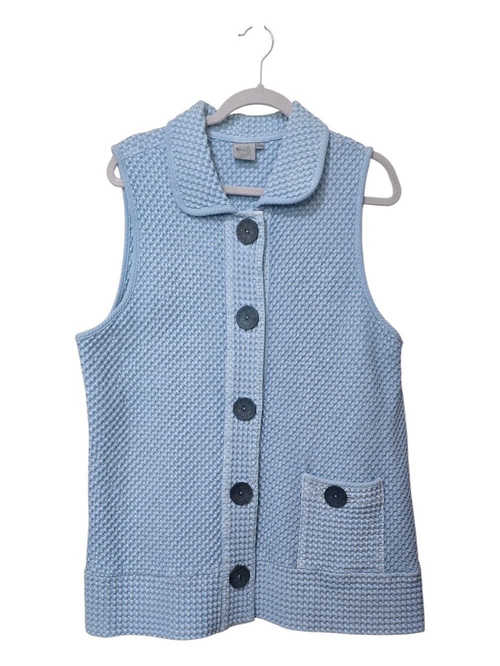 Focus Baby Blue Waffle Knit 100% Cotton Vest Wood Button Artsy Lagenlook XL Boho